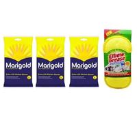 Money-Mate MM Marigold Extra-Life Large Gloves Pack of 3 + Free Elbow Grease Scrubbing Pad - Durable Kitchen Cleaning Solution