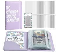 Money Saving Binder, A6 Waterproof PU 100 Envelopes Money Saving Challenge with Day Record Card Reusable Challenge Book with Elastic Fix Strap for Cash