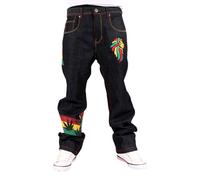 Money Talks Loose Fit Rasta Style Denim Jeans with Reggae Design, Lion Emblem, Striped Hem Detail, Dark Wash (UK, Waist & Inseam, 40, 34, Black)