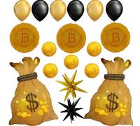 Money Theme Balloons Set,Bitcoin/Dollar Coin/Gold Money Bag Foil Balloons for Casino Party, Vegas Decor, Millionaire Birthday Decorations, Rich Party,Gold & Black Balloon Set
