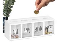 Money Wooden Set - Clear Four Compartment Kids Savings Box, Real Money Storage Learning Kit, Educational Piggy Display Case, For Children Bedroom Living Room School Dorm Table Birthday