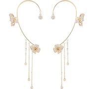 MONEYN Butterfly Tassel Style Zircon Earrings, Sparkling No Piercing Ear Clip, Wrap Flowers Long Cuff Earrings Jewelry Gifts for Women Girls (1 Pair(Left+Right), Golden)