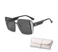 MONEYN Popular Large Frame Glasses, Women Oversized Vintage Square Rimless Gradient Cutting Lens UV Protection Sunglasses (Black Grey Lens)