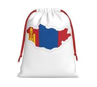 Mongolian Flag Map Print Christmas Drawstring Gift Bags, Xmas Holiday Fabric Gift Wrapping Bag For Party, Size-L