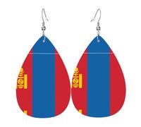 Mongolian flag Women's Teardrop Leather Earrings, Hook 925 Silver Plated, Holiday Accessories
