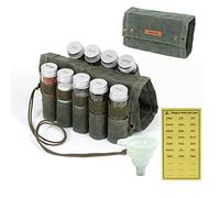 MONGPIENS Camping Spice kit with 9 spice Jar,rope,Spice Labels Sticker,Silicone Collapsible Funnel, Canvas Travel Seasoning container, portable spice bag for travel (CAMEL BROWN) (MILITARY GREEN)