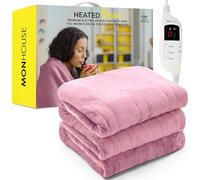 MONHOUSE 130X160 cm Soft Electric Sofa Blanket - Single Heated Throw With Digital Controller - Machine Washable Bed Throw, Timer up to 9 hours, 9 Heat Settings, Auto Shutoff - Pink