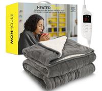 Monhouse Heated Throw - Electric Blanket - Digital Controller - 9Hr Timer, 9 Heat Settings - King 180X200Cm - Grey Shearling