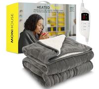 MONHOUSE Heated Throw - Electric Blanket - Digital Controller - Timer up to 9 hours, 9 Heat Settings, Auto Shutoff - Machine Washable - Double 150X200cm - GREY SHEARLING