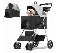 MoNiBloom 3 in 1 Foldable Pet Stroller for Small & Medium Dogs, Detachable Carrier, Car Seat, Push Button Entry, 4-Wheel Jogger for Pets up to 33 lbs, Black