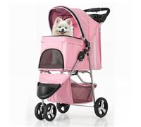 MoNiBloom 3-Wheels Foldable Pet Stroller with Waterproof Cover, Pet Strolling Cart for Small/Medium Dogs and Cats with Storage Basket and Cup Holder, Breathable and Visible Mesh for All-Season, Pink