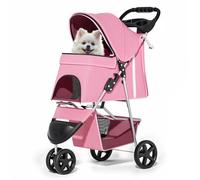 MoNiBloom 3-Wheels Foldable Pet Stroller with Waterproof Cover, Pet Strolling Cart for Small/Medium Dogs and Cats with Storage Basket and Cup Holder, Breathable and Visible Mesh for All-Season, Pink