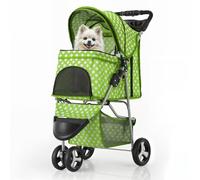 MoNiBloom 3 Wheels Pet Dog Cat Stroller for Small Medium Dogs Cats, Foldable Jogger Stroller w/Storage Basket and Cup Holder, Lawn Green Polka Dots