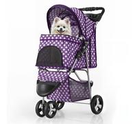 MoNiBloom 3 Wheels Pet Dog Cat Stroller for Small Medium Dogs Cats, Foldable Jogger Stroller w/Storage Basket and Cup Holder, Purple Polka Dots