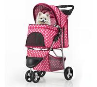 MoNiBloom 3 Wheels Pet Dog Cat Stroller for Small Medium Dogs Cats, Foldable Jogger Stroller w/Storage Basket and Cup Holder, Hot Pink Polka Dots