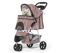 MoNiBloom 3 Wheels Pet Dog Cat Stroller for Small Medium Dogs Cats, Lightweight Foldable Jogger Stroller w/Storage Basket & Cup Holder, Leopard Print