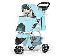 MoNiBloom 3 Wheels Pet Dog Cat Stroller for Small Medium Dogs Cats, Lightweight Foldable Jogger Stroller w/Storage Basket and Cup Holder, Mint Green