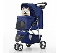 MoNiBloom 3 Wheels Pet Stroller, Foldable Dog Cat Cage Jogger Stroller with Weather Cover for All-Season, Storage Basket and Cup Holder, Breathable and Visible Mesh for Small/Medium Pets, Blue
