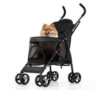 MoNiBloom 4 Wheels Pet Stroller, Easy-Fold Puppy Cage Jogger Stroller with Sun Cover, Pad and Rear Storage Bag, Breathable and Visible Mesh for Small/Medium Pets up to 22 lbs, Black