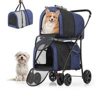 MoNiBloom Double Dog Stroller with Detachable Carrier Bags Large 4 Wheels Foldable Jogger for Small and Medium Dog Cats, Navy Blue/Gray