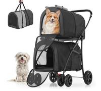 MoNiBloom Double Dog Stroller with Removable Carry Bags, Large 4 Wheels, Foldable Jogger for Small Medium Dogs and Cats, Black/Grey