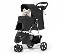 MoNiBloom Foldable Pet Stroller with Weather Cover, 3 Wheels Pet Strolling Cart for Small/Medium Dogs and Cats with Storage Basket and Cup Holder, Breathable and Visible Mesh for All-Season, Black