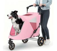 MoNiBloom Pet Stroller for Large Dogs or Multiple Dogs Cats with Adjustable Handle, 3-Wheels Dual Entry Portable Dog Carting Easy Folding Pet Wagon Double Dog Stroller up to 55 lbs, Pink