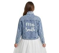 Monicustom Custom Blue Denim Jacket with Pearls for Wedding, Personalised Bride Denim Jacket Future Mrs,Personalised Ladies Denim Jacket Womens Blue Jean Jacket-5XL