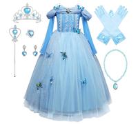 Monissy Cinderella costume with accessories girl princess dress children uniform for kindergarten cosplay dress up role play gift Halloween Christmas, blue-6ps, 130