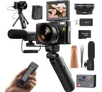 Monitech Digital Camera for YouTube Photography, 4K Vlogging Camera with Flip Screen & Autofocus, Creator Kit Includes Remote, Microphone, Tripod Grip, Wide-Angle/Macro Lens & Batteries