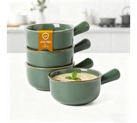 MONITO 16 Oz French Onion Soup Bowls, Ceramic Soup Bowls with Handles, Stackable Soup Crocks Oven Safe for Chili, Beef Stew, Cereal,Casseroles Microwave & Dishwasher Safe, Set of 4, Forest Green