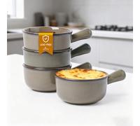 MONITO 16 Oz French Onion Soup Bowls, Ceramic Soup Bowls with Handles, Stackable Soup Crocks Oven Safe for Chili, Beef Stew, Cereal,Casseroles Microwave & Dishwasher Safe, Set of 4, Olive Green