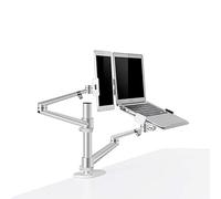 Monitor And Laptop Desk Mount Stand, 2-In-1 Adjustable Single/Dual Arm Holder for 17-32 Inch Screens, Tablet Tray Fits 12 To 17 Inch Laptops, VESA 75 100,Silver