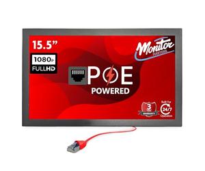 Monitor Masters 15.5" POE Powered Monitor, POE Output Passthrough, 12V DC Outputs, 1080p, Built in Accessory Case