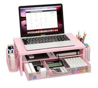 Monitor Stand Riser Metal, Office Desk riser with shelf Organizer, Office Organization ,Desk Organizer with Drawer and Pen Holder, 2-Tier Computer Stand, for iMac, PS4, PC, Printer, Notebook (Pink)
