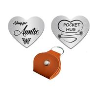 Monivi Little Pocket Hug Token Keepsake Gift - Heart Shaped Stainless Steel Pocket Hug with Leather Keychain, Double Sided Pocket Hug Gift for Family Friends (Hug for Auntie, Brown Keychain)