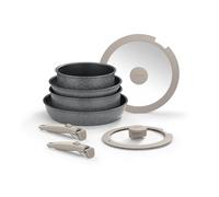 MONIX One Click Pietra | 8 Piece Battery, Forged Aluminium with Non-Stick, PFOA Free, Detachable Handle, Suitable for All Types of Cookers, Including Induction, Stackable for Space Saving