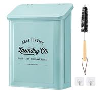 MONJITA Magnetic Lint Bin for Laundry Room, Metal Trash Can with Lid for Dryer, Farmhouse Lint Holder, Laundry Co Sign, Laundry Room Storage Decor with Dryer Lint Brush (Mint)