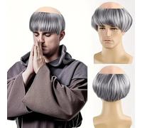 Monk Bald Cap Wig Short Straight Hair, Men's Fancy Dress Bowl Cut Funny Wig, Monk Costume Bald Head Cap with Brown Friar Hair, Old Man Grandpa Party Halloween Cosplay (Grey)