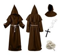 Monk Costume Adult Men, Medieval Friar Hooded Monk Costume,Renaissance Priest Robe With Hood And Cross Necklace, Halloween Performance Cosplay Costume
