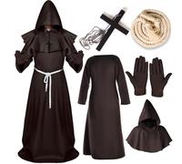 Monk Costume Adult Men Medieval Friar Priest Costume Men Hooded Black/Brown Priest Halloween Costumes for Men Monk Robe Accessories Set Vicar Mens Fancy Dress Costumes Adult Renaissance Monk Outfit