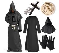 Monk Costume Adult Men Medieval Friar Priest Costume Men Hooded Black Priest Halloween Costumes for Men Monk Robe Accessories Set Vicar Mens Fancy Dress Costumes Adult Renaissance Monk Outfit (M)