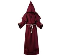 Monk Costume Adult Mens Halloween Costume, Robe Medieval Cloak with Large Hood Cape, Rope Belt and Cross Necklace, Wizard Renaissance Cosplay Priest Fancy Dress for Adults Men
