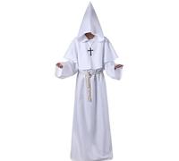 Monk Costume Adult Mens Halloween Costume, Robe Medieval Cloak with Large Hood Cape, Rope Belt and Cross Necklace, Wizard Renaissance Cosplay Priest Fancy Dress for Adults Men