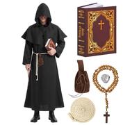 Monk Costume Halloween Costume Men, Medieval Monk's Robe with Hood Cape, Notebooks, Cross Decorations, Ring and Belt Pouch, Renaissance Priest Robe Fancy Dress for Carnival Halloween Cosplay (XL)