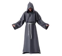 Monk Costume Medieval Friar Hooded Monk Renaissance Priest Robe Costume Halloween Fancy Dress (Gray, M)