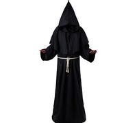 Monk Costume Medieval Robe Priest Hooded Renaissance Friar Cowl Outfit, Medieval Hooded Monk Outfit with Cape Rope Belt and Cross Necklace, Priest Renaissance Fancy Dress for Carnival Cosplay