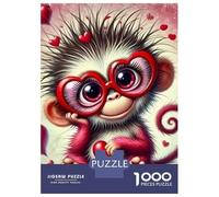 Monkey 1000 Pc Eco-Friendly Paper Jigsaw Cartoon Monkey with Heart Glasses And Red Hearts Puzzle Adult Hobbyists Portable Mind Decompression Hours of Fun 38x26cm/1000pcs