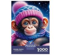 Monkey 1000 Pc Eco-Friendly Paper Monkey in Pink Knit Hat in Snowy Night Scene Puzzle Adult Hobbyists Portable Mind Decompression Hours Entertainment 70x50cm/1000pcs