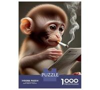Monkey 1000 Pc Recycled Paper Jigsaw Monkey Reading A Paper with A Cigarette Puzzle Adults Reusable Stress Relief Challenging Brain Teaser 52x38cm/1000pcs